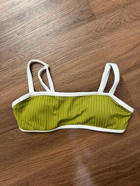 Aqua Olive-Green Ribbed Bandeau Bikini Top with White Trim